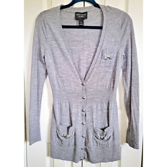 White House Black Market 100% Wool V-neck Cardigan Sweater Top Gray Size Small‎ - Picture 1 of 7
